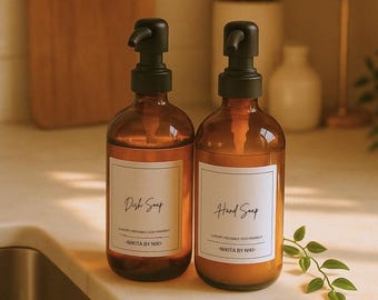 Amber Glass Soap Dispenser Set: Matte Black Pump with Waterproof Labels