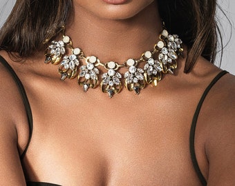 Gold Rhinestone Choker Necklace - Statement Choker - Dangle Crystal Choker - Bridal Jewellery - Gold Choker Necklace