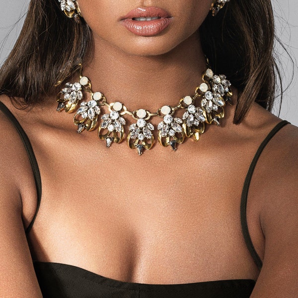 Gold Rhinestone Choker Necklace - Statement Choker - Dangle Crystal Choker - Bridal Jewellery - Gold Choker Necklace