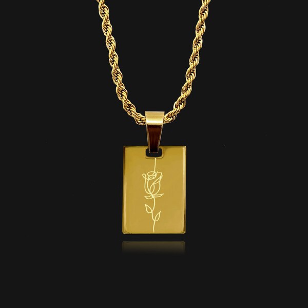 Engraved Tag Pendant Necklace - Rose Line Drawing Pendant - 18K Gold Plated - Twist Chain Necklace - Rope Chain Necklace