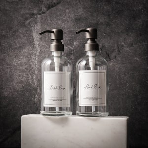 Clear Glass Kitchen Soap Dispenser - Set of 2 - Hand Soap Dispensers - Dispenser Labels