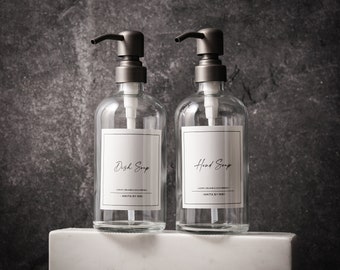 Clear Glass Kitchen Soap Dispenser - Set of 2 - Hand Soap Dispensers - Dispenser Labels