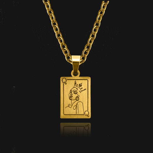 Queen Playing Card 18k Gold Plated Pendant Necklace - Gold Pendant Necklace - Playing Card Necklace - Queen Necklace