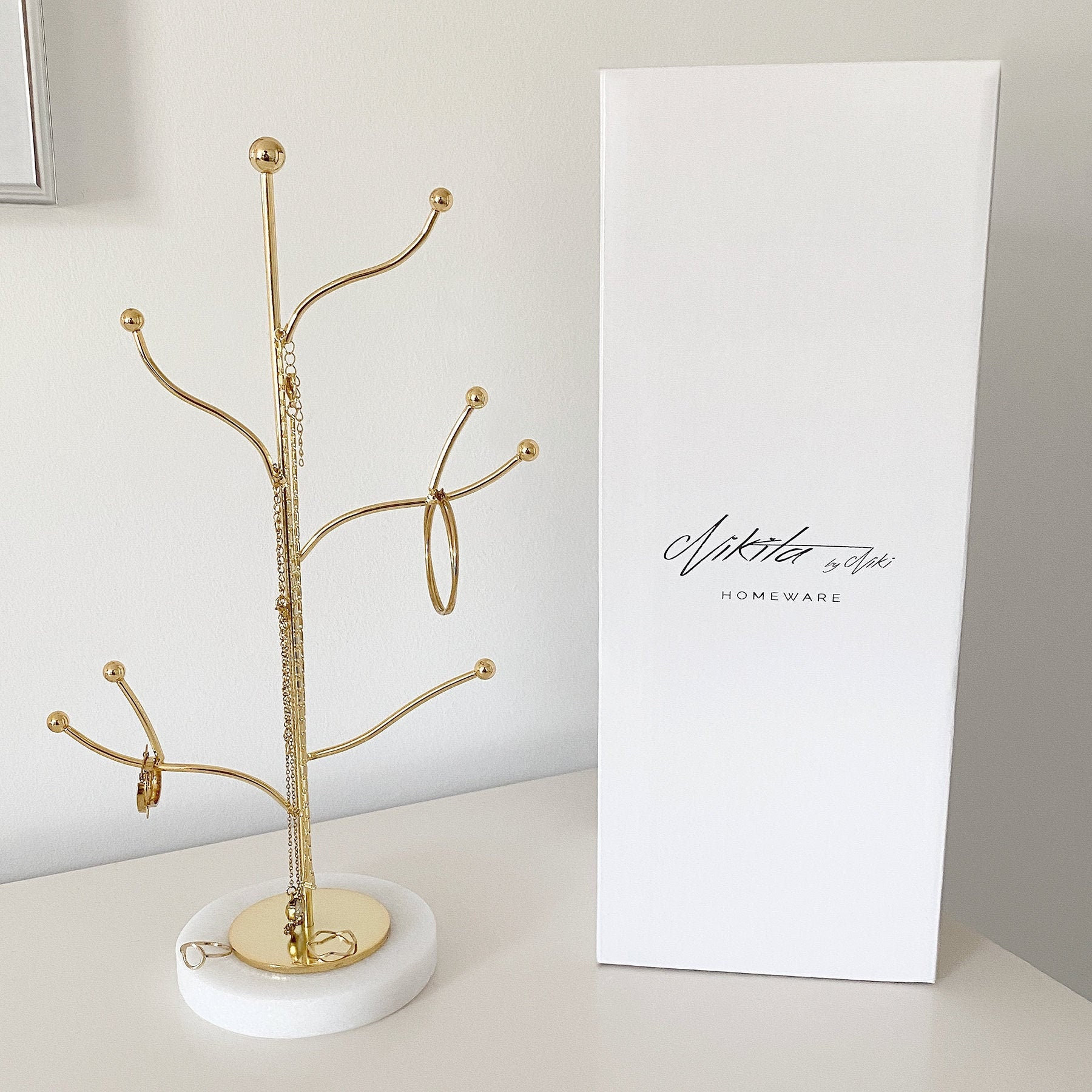 Marble Jewellery Tree Stand in Gold 