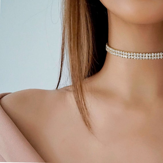 Silver Rhinestone Necklace - Choker Necklace - Rhinestone Choker