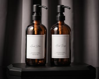 Amber Glass Soap and Lotion Dispenser Set: Stainless Steel Pump, Refillable Bottles