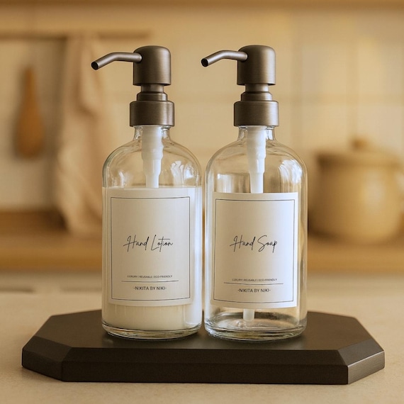 Glass Hand Soap & Lotion Dispenser Set: Stainless Steel Pump, Clear Bottles