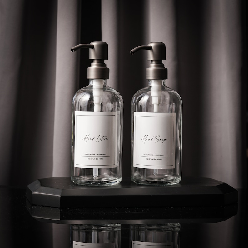 Luxury clear glass soap dispenser set of 2, hand soap and hand lotion dispensers for kitchen or bathroom