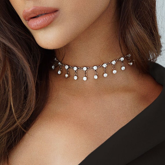 Gold Rhinestone Choker Necklace Dangle Crystal Choker Statement