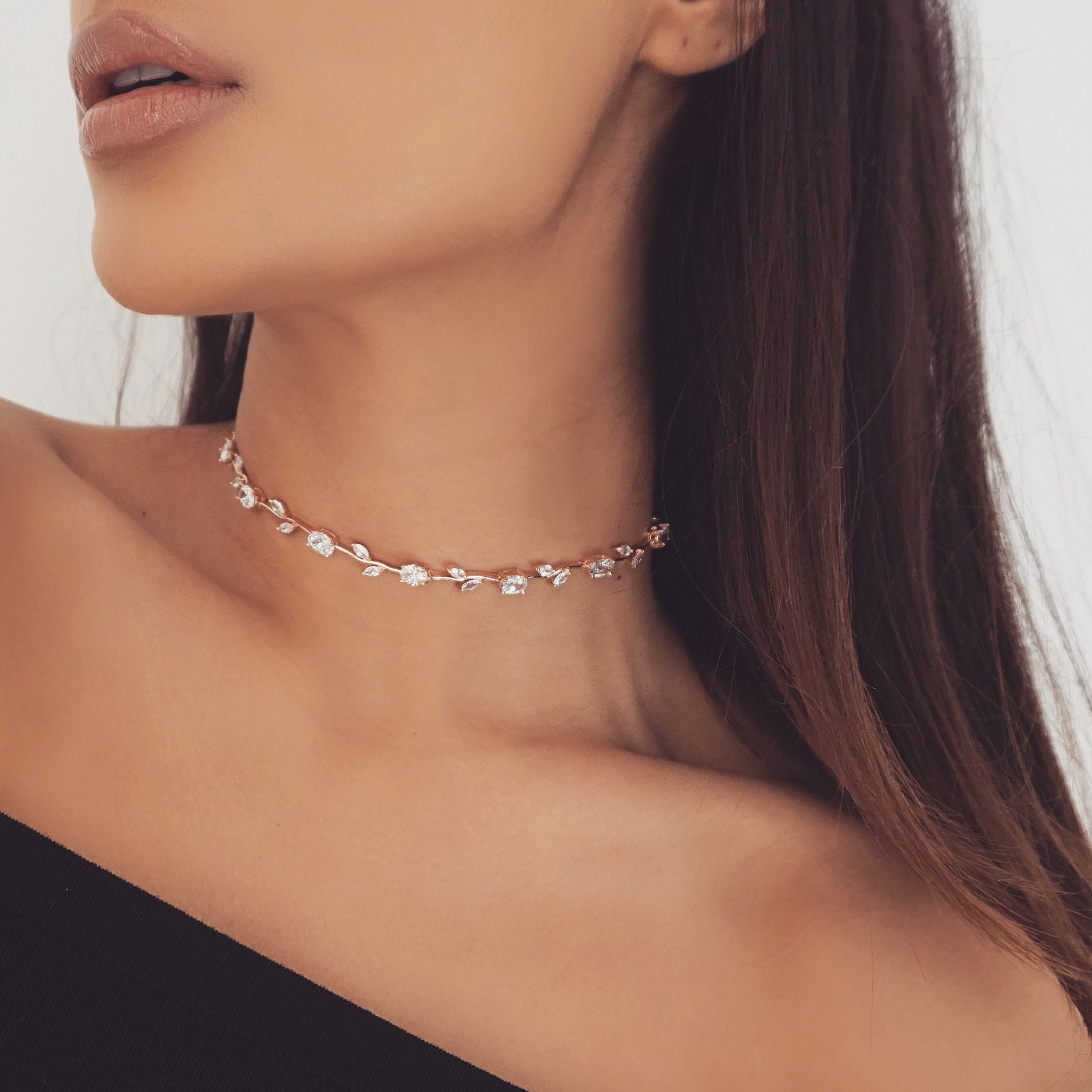 Rose Gold Floral Choker: Rhinestone Crystal Necklace - Etsy