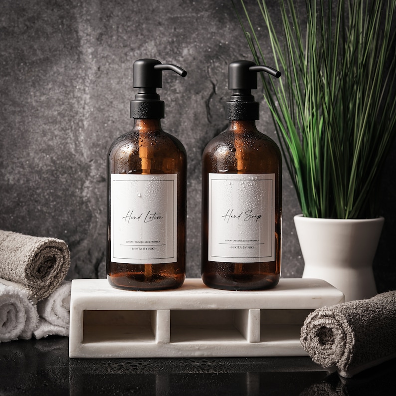Luxury clear glass soap dispenser set of 2, hand soap and hand lotion dispensers for kitchen or bathroom