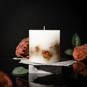 Botanical Floral Scented Candle - Pillar Candle - Red Rose or Lavender Candle - Decorative Pillar Candle