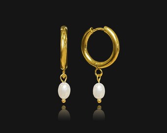 Gold Freshwater Pearl Earrings - Pearl Charm Hoop Earrings - Dangle Earrings - Statement Earrings For Women