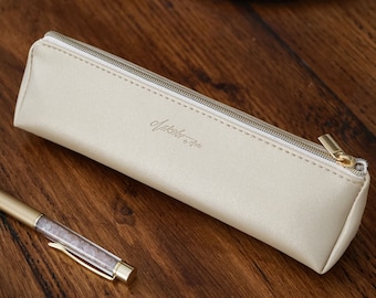 Off-white/Cream Vegan Leather Pencil Case with Gold Zip