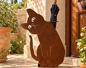 Seated Cat Umbrella Holder, Corten Steel Stand, Rustic Entryway Decor