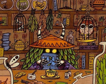 Tea Demon art print, fantasy character potion seller illustration