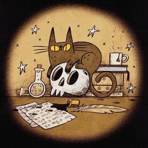 Impresión artística de gato aprendiz de bruja, ilustración de calavera y pociones