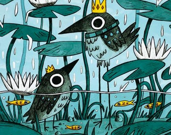 Quirky Bird Art Print, 'Rainy Day in Bird Kingdom' Illustration