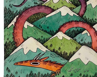 Mountain Dragon art print, fantasy monster landscape illustration