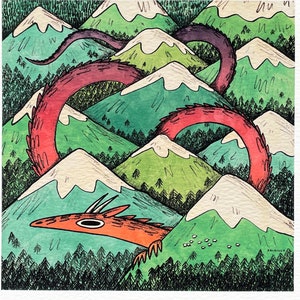 Mountain Dragon art print - fantasy cute monster landscape illustration, unique art gift