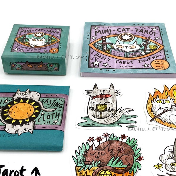 Mini Cat Tarot Gift Set - tarot deck, tarot cloth, daily tarot journal and four cute cat stickers - complete collection