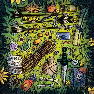 Fantasy Loot Art Print, RPG Adventure Kit Illustration, No AI - hand drawn artwork