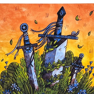 Impresión artística de espadas de fantasía: ilustración cuadrada pequeña, regalo de fin de campaña, impresión digital para jugadores.