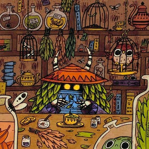 Tea Demon art print, fantasy character potion seller illustration