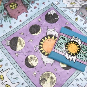 Cat Tarot Cloth for card reading and divination, quirky witchy cat lover gift and cute altar decor, silk fabric