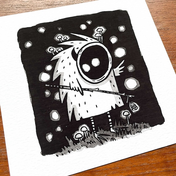 Forest Spirit Art Print - square cute black and white ink illustration