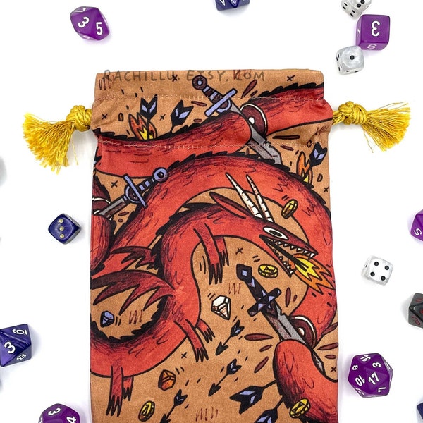 Sac à dés dragon, sac à cordon en coton fait main, grande pochette en tissu doublée avec glands dorés, parfait pour les dés, le tarot, les runes ; cadeau dm