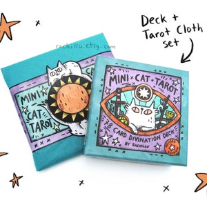 Mini Cat Tarot Deck and Tarot Cloth Set - 78 Tarot Card Deck plus guidebook and silky smooth cat tarot cloth - perfect tarot lover gift