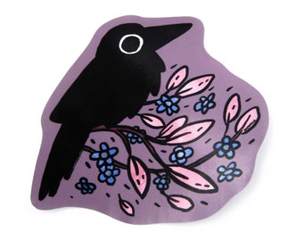 Blossom Crow Sticker, large cute bird sticker, fun handmade sticker