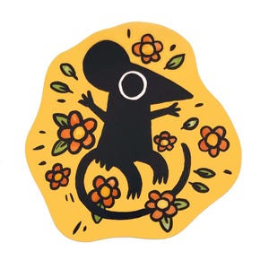May include: A black cartoon mouse with a white eye, surrounded by orange flowers and green leaves, on a yellow background. The mouse has a long tail and is in a playful pose. The design is whimsical and cheerful.
