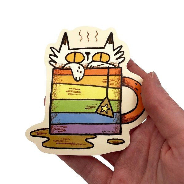 Rainbow Cat Sticker, white kitty in colourful mug, tea lover gift, coffee cup decal, subtle lgbt queer pride art, cute pet owner gift