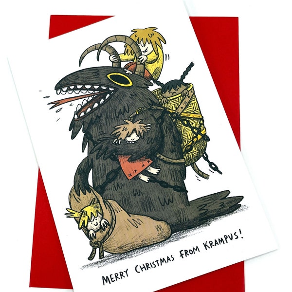 Krampus Christmas Card, funny xmas card with humorous illustration and silly message inside