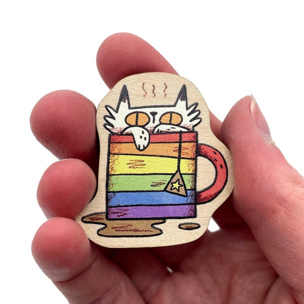 Rainbow Cat Wooden Pin, large wood brooch, cute fun kitty coffee mug art, tea lover gift, subtle lgbt queer pride badge, colourful eco art