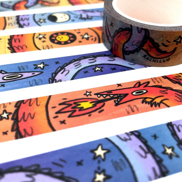 Dragon Washi Tape, 10m long 15mm wide reuseable recyclable, sun and moon cute magical creatures, journal planner decoration, colourful washi