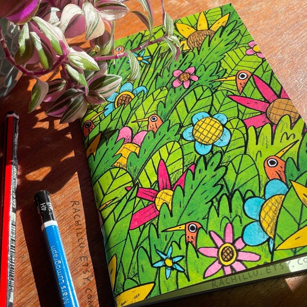 Bee-Eaters A6 Notebook - Lined and Illustrated, Perfect for Writing, Sketching, and Gifting - Colourful Flowers Rainforest Design