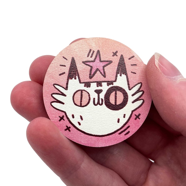 Cat Wooden Pin, large circular pink wood badge, cute happy white kitty face, sustainable big wood brooch, fun quirky art, rubber backing