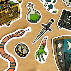 Paquete de pegatinas de botín de aventuras: 20 pegatinas artísticas duraderas, perfectas para llevar un diario de campaña y explorar mazmorras.