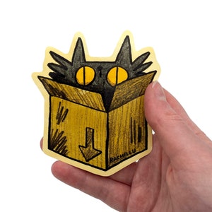 Pegatina de gato de caja, gatito negro escondido en cartón, regalo de mudanza, inauguración de la casa, linda calcomanía de mascota, portátil resistente e impermeable, arte de diario
