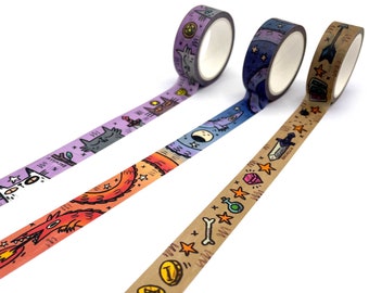 Washi Tape Set, Three Pack - 10m long 15mm wide reuseable paper tape, fun journal decoration, dnd item loot, cute dragons, mini cat tarot