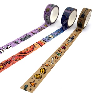 Washi Tape Set, Three Pack - 10m long 15mm wide reuseable paper tape, fun journal decoration, dnd item loot, cute dragons, mini cat tarot