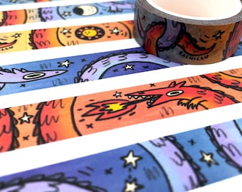 Dragon Washi Tape, 10m long 15mm wide reuseable recyclable, sun and moon cute magical creatures, journal planner decoration, colourful washi