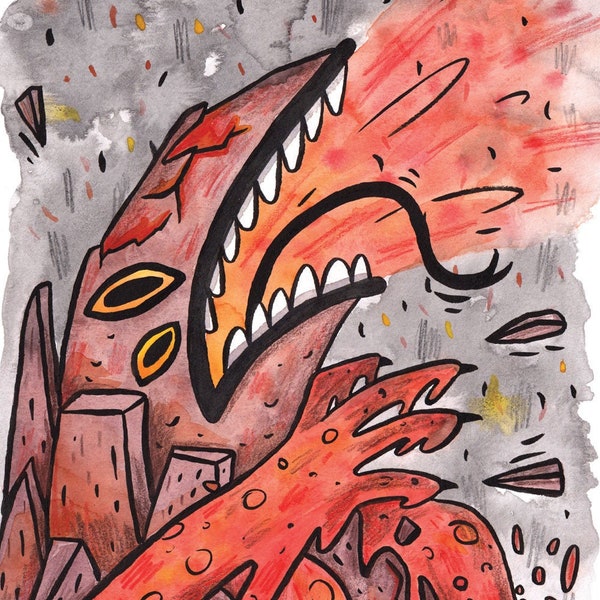 Volcano Monster original ink and watercolour art