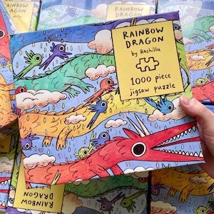 Rainbow Dragon 1000 Piece Jigsaw Puzzle, cute and colourful rainbow gradient jigsaw, perfect gift for puzzle lover, quirky illustration