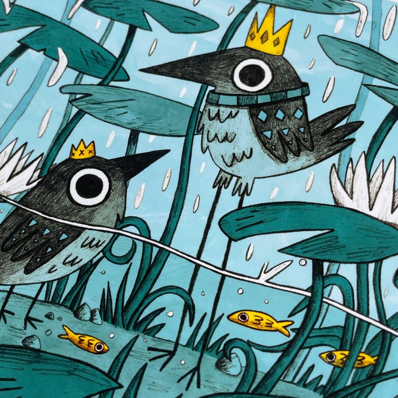 May include: Illustration of two cartoon birds wearing crowns, set in a pond with lily pads and yellow fish. The birds have black beaks and eyes, with gray and blue feathers. Raindrops fall against a light blue background.