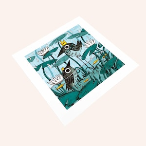 May include: A whimsical art print featuring two crowned birds in a pond with lily pads, fish, and water lilies. The illustration is in shades of teal, blue, and yellow, with a white border. The artwork has a playful, cartoonish style.