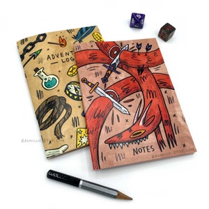 Fantasy notebook set - two A6 jotters, lined and blank - adventure log and dragon journal, cute dnd campaign book, dm gift, unique fun art